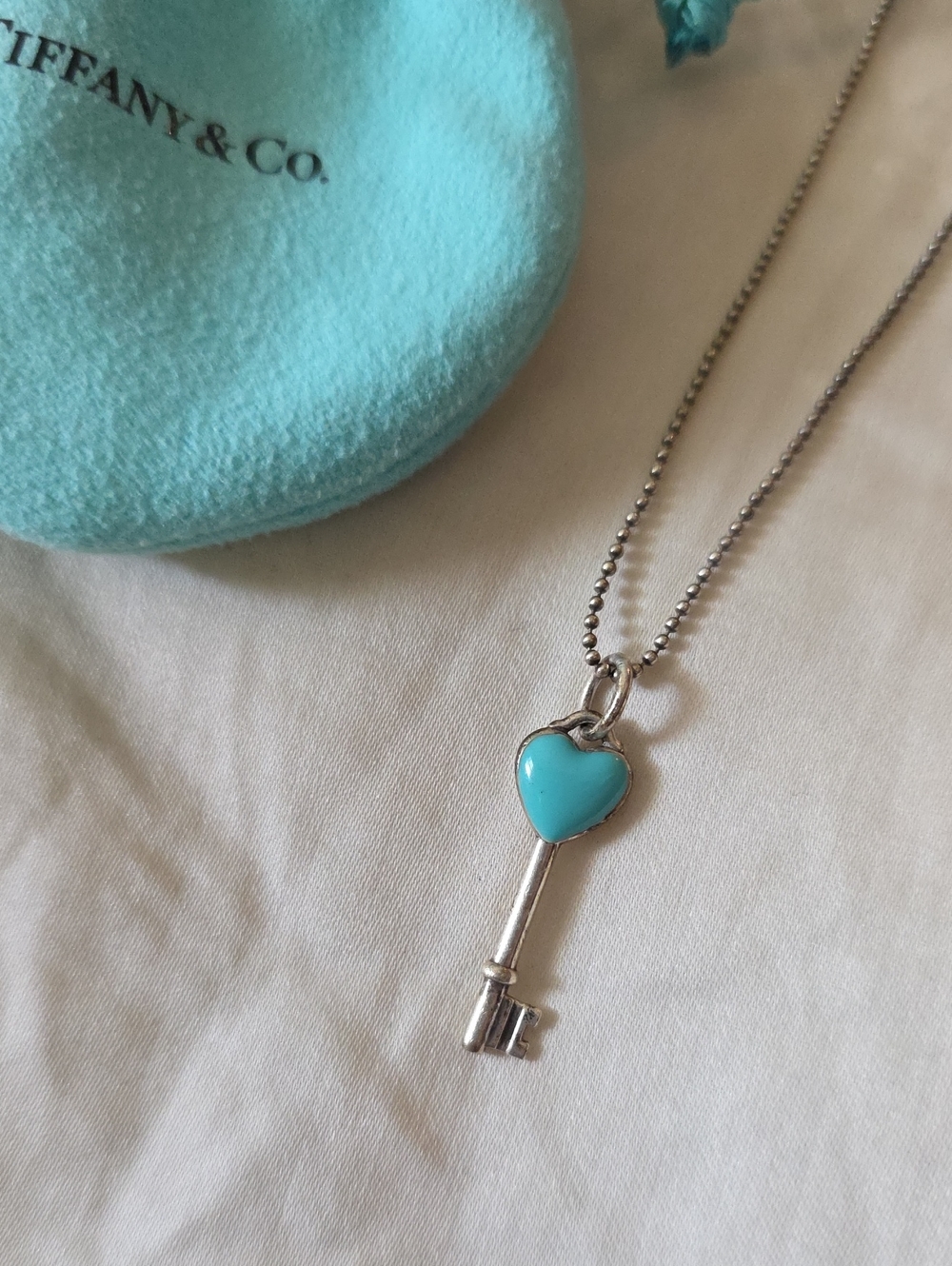 Tiffany & Co. Silver Key Necklace with Turquoise Heart Key Pendant
